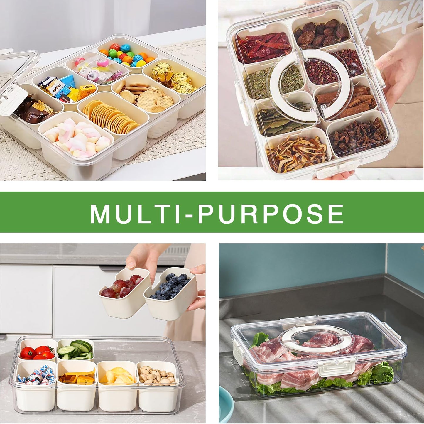 shopwithgreen 2Pcs Divided Serving Tray with Lid and Handle, Portable Snackle Box Snack Containers for Charcuterie, Party, Veggies, Snack, Fruit, Nuts, Candy, Chip, Entertaining, Picnic