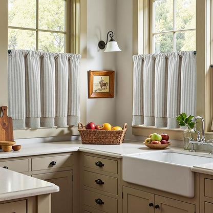 jinchan Double Layer Striped Linen Kitchen Tier Curtain Rustic Cafe for Living Room Bathroom Half Window Curtain Light Filtering Rod Pocket 1 Panel 24 Inch Taupe Grey