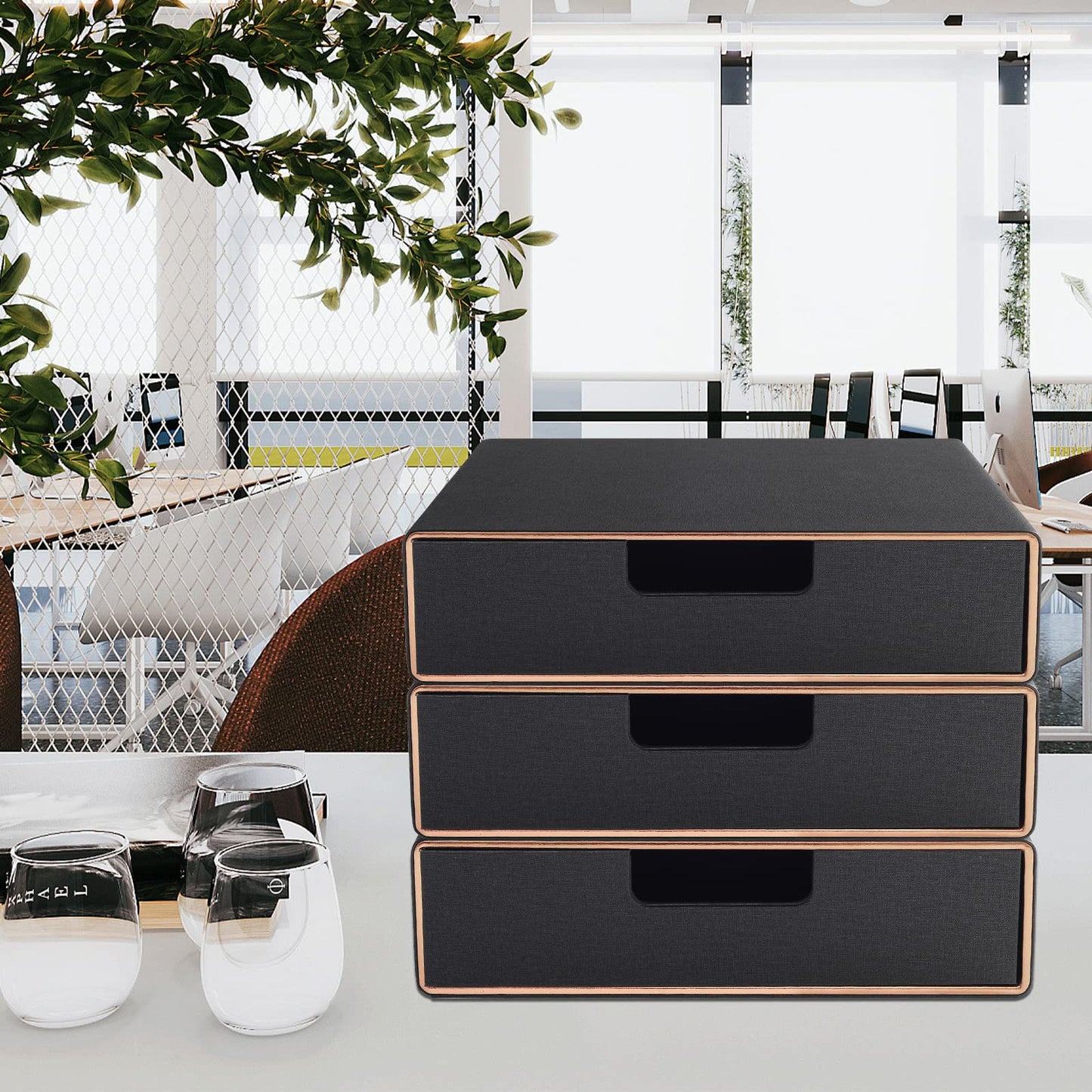 XNONE PU Leather Stackable Organizer Drawer,Executive Office Supplies Desktop Filing A4 File Cabinet/Holder for Jewelry/Bill/Paper/Documents/Makeup Home Decor Stationery Storage Box,Black