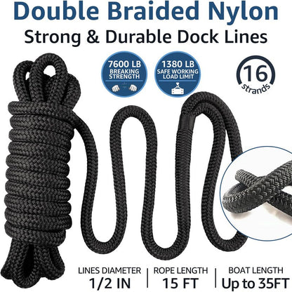 PACTHSD 2 Pack 1/2" x 15' Dock Lines - Marine Grade Nylon Boat Rope with 12" Loop for Docking and Mooring - Double Braided Boat Lines, High Strength, Easy Handling, Fray Resistant - Black