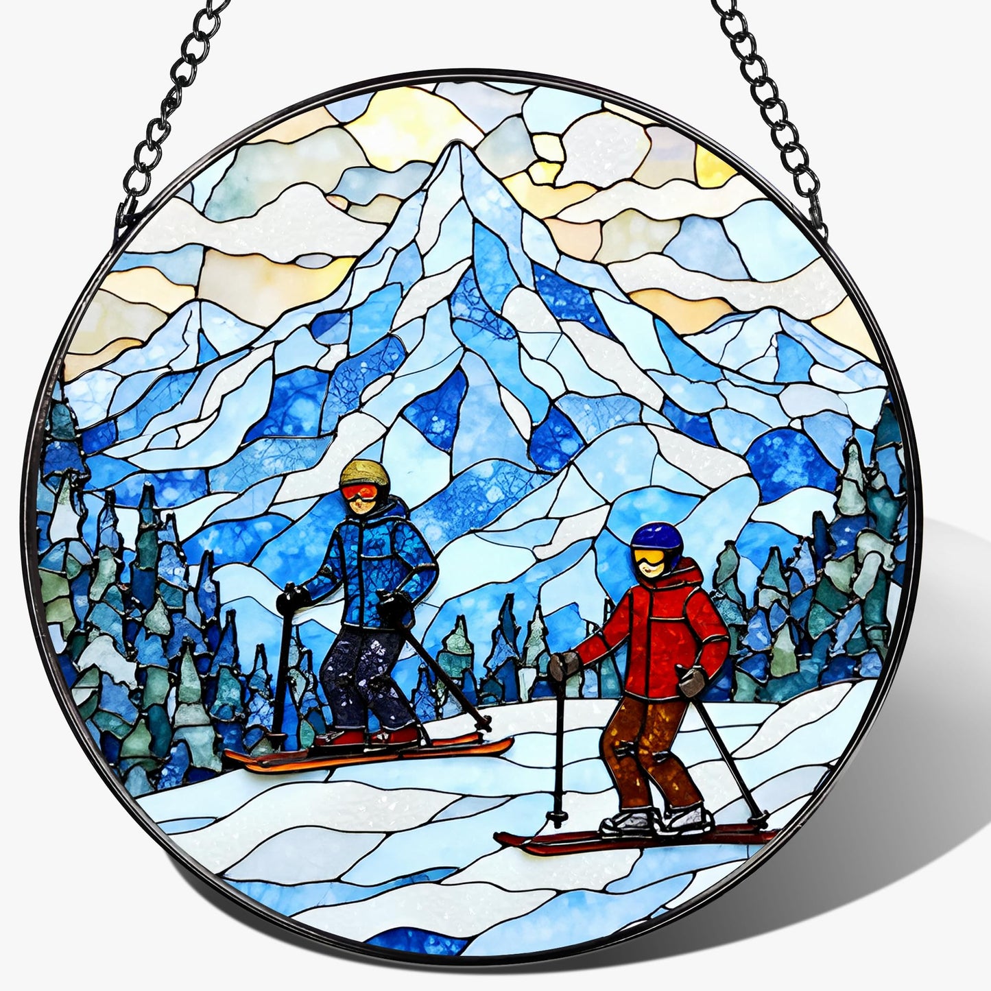LAOWEIKI 8'' Snowy Mountain Skiers Sun Catcher Ornament, Stained Glass Window Hanging, Sun Catchers for Windows Hanging Ornaments, Window Decor | Ideal Gift, Gift Exchange, Gifts for Skiers