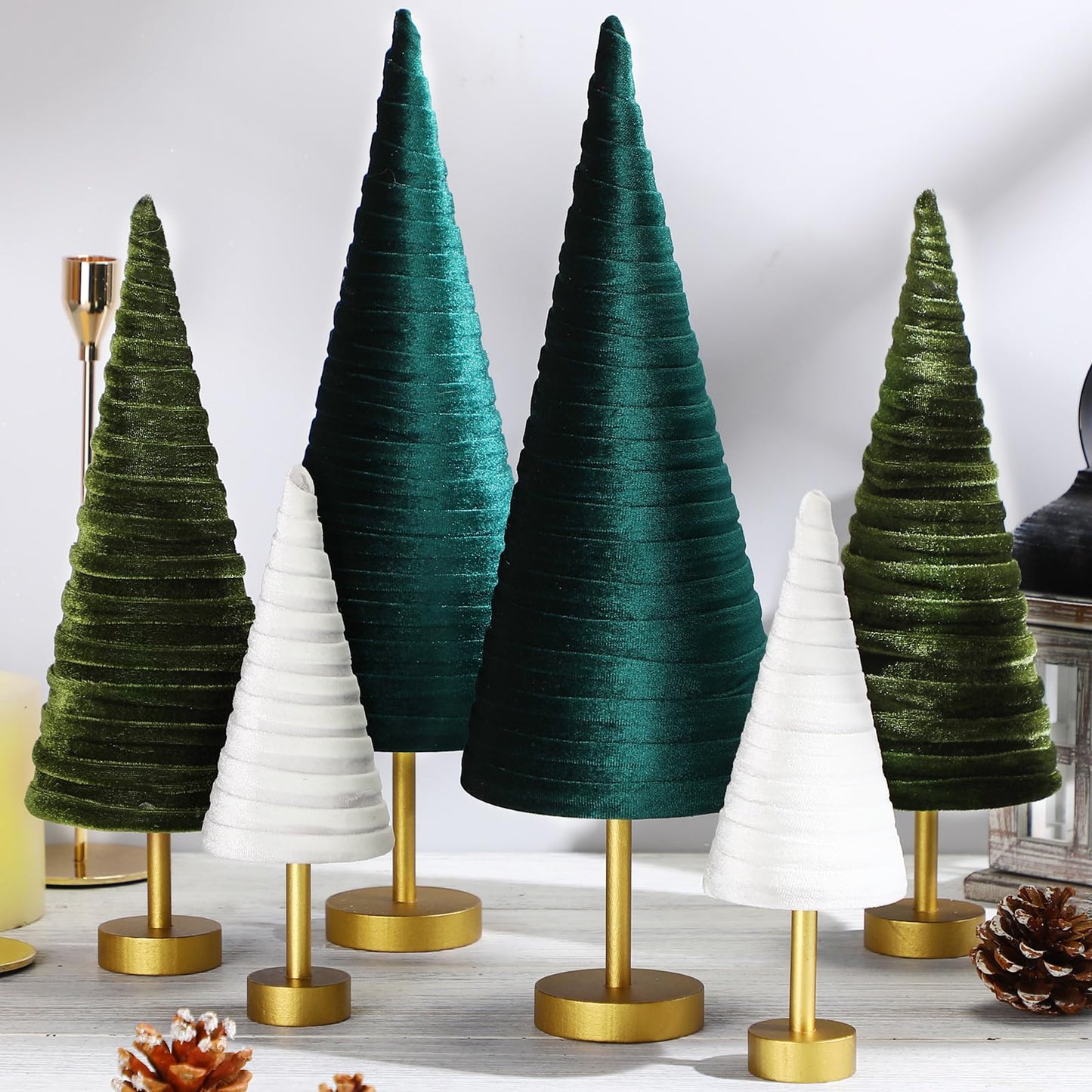 Hoolerry 6 Pcs Christmas Velvet Trees with Gold Pedestal Christmas Velvet Cones Tree Mantel Decor Modern Rustic Winter Home Minimalist for Holiday Entryway Table Wedding Centerpiece (Forest Green)