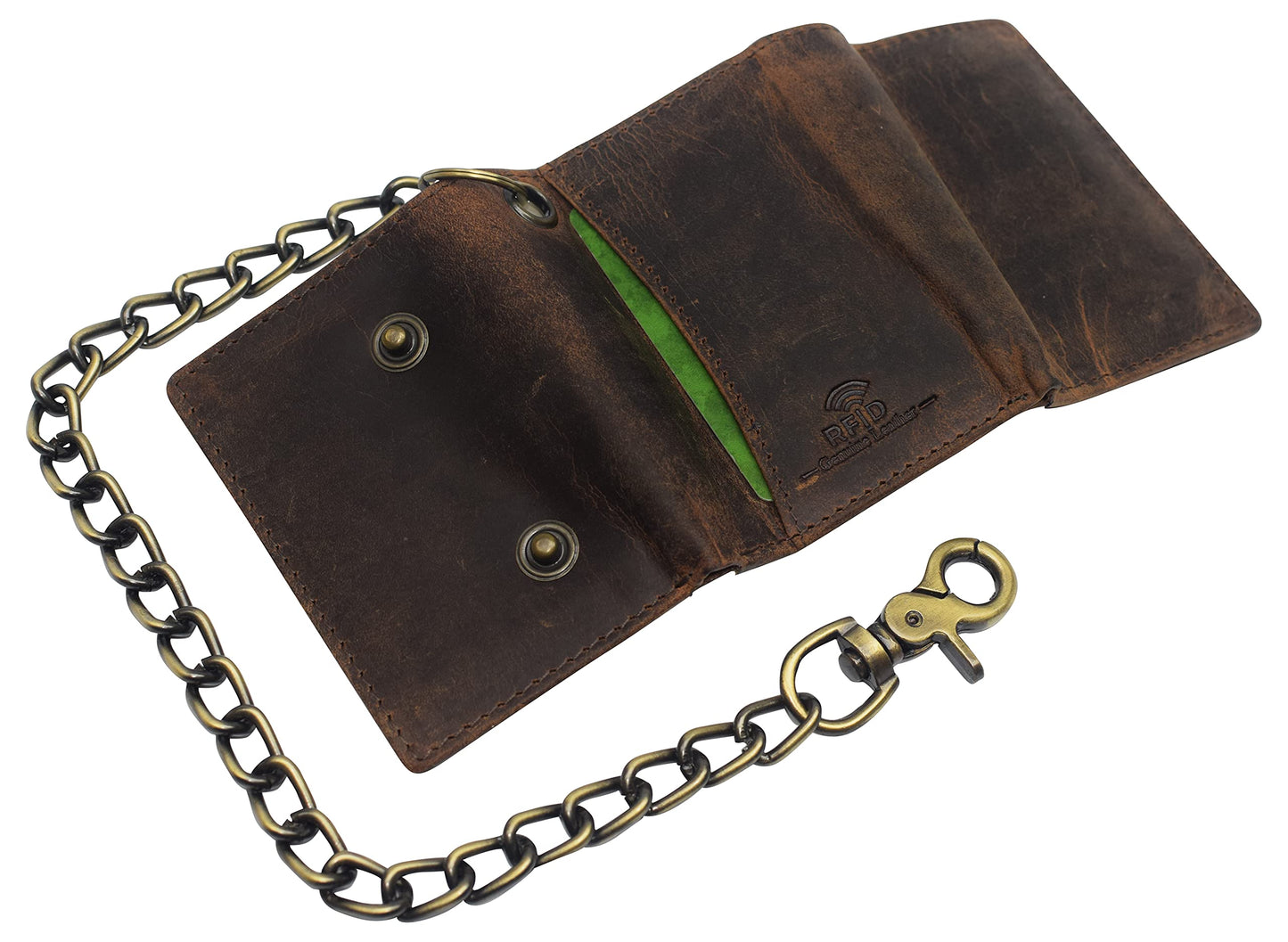 Men's RFID Blocking Trifold Vintage Leather Biker Chain Wallet With Snap Closure (Brown)