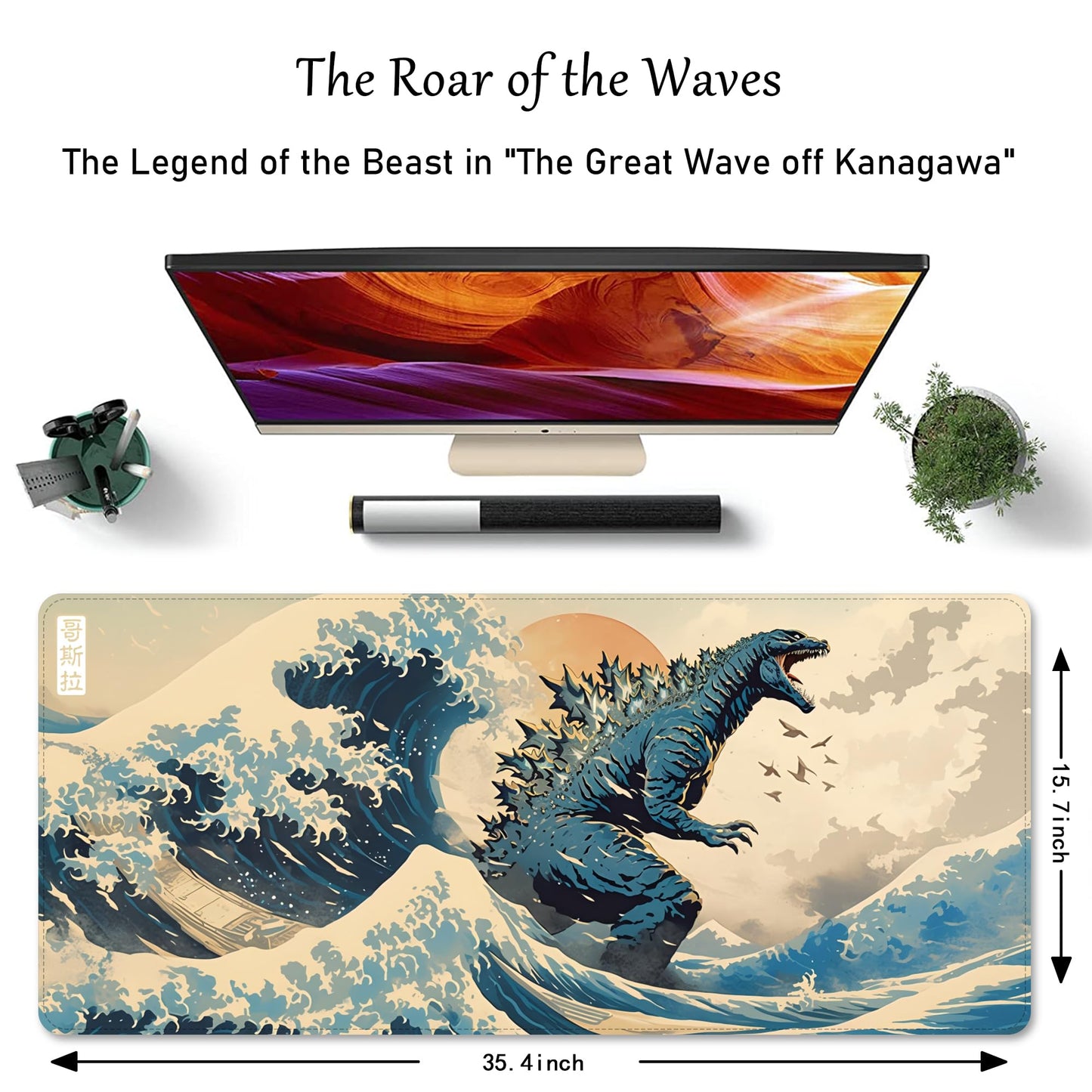 ProbTis Japanese Mouse Pad, Kanagawa Great Wave Mouse Pad, XXL Anime Gaming Keyboard Mat, Stitched Edges Rubber Base, XXL Big Extended Desk Protector for Home Office, 35.4”x15.7” (Sea Wave - Monster)