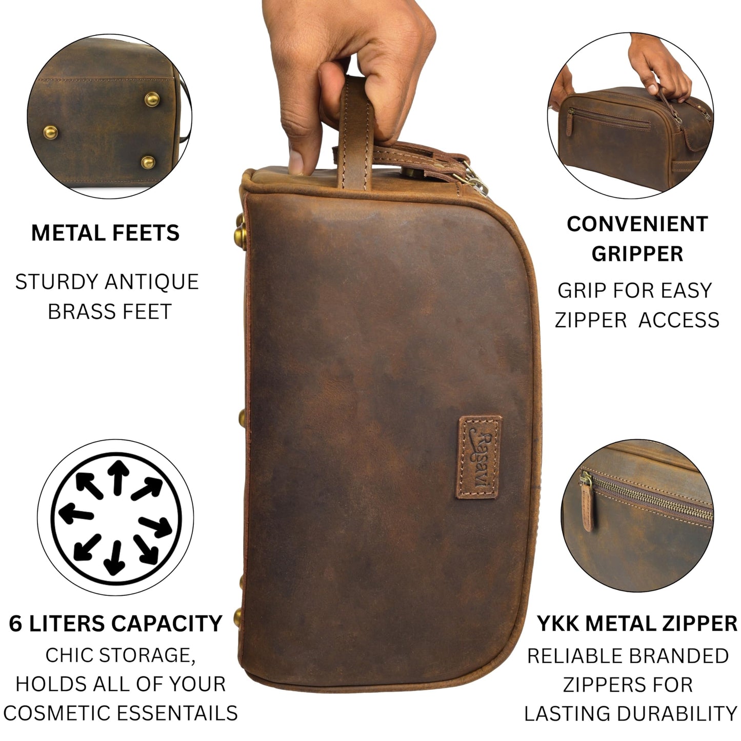 Rasavi Genuine Leather Travel Toiletry Bag, Handcrafted Vintage Water-Resistance Dopp Kit, Large Shaving & Bathroom Organizer - Gift for Men & Women - Rustic Town