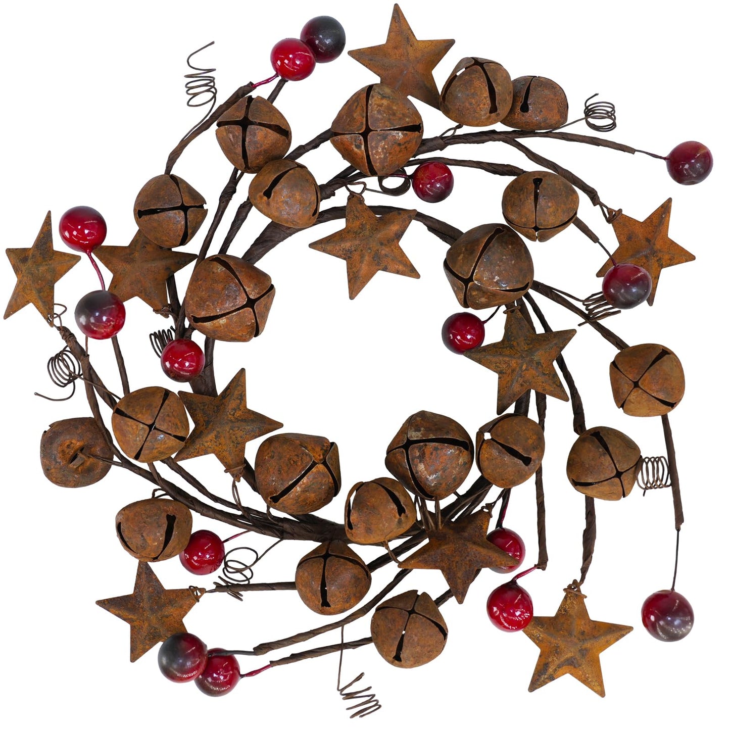 Winlyn 4 Pcs Christmas Jingle Bells Candle Rings Rusty Bells and Stars Wreaths Burgundy Berries 4.1" Center Mini Decorative Wreaths for Primitive Farmhouse Holiday Home Table Decoration Centerpiece