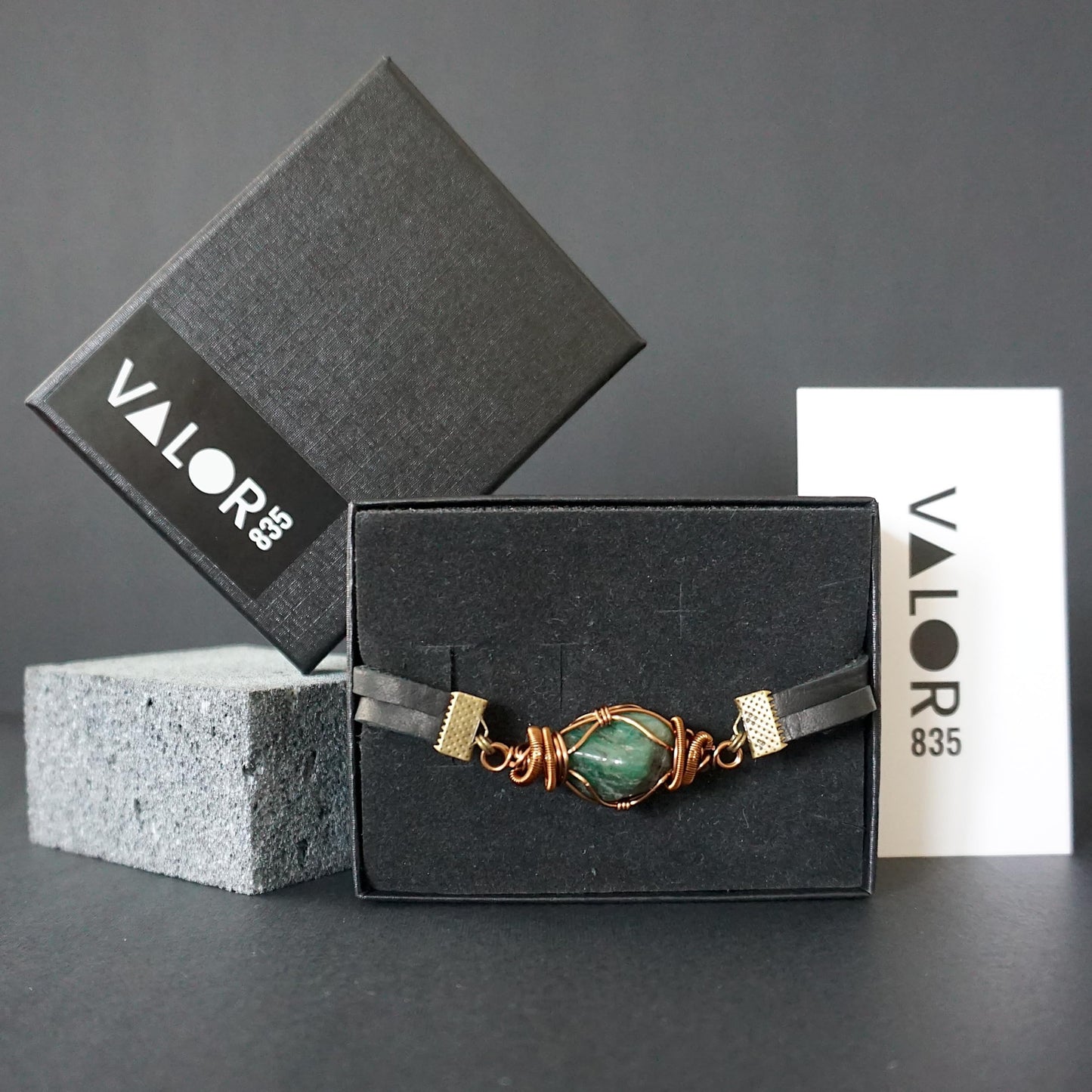 Valor 835 Raw Emerald Mens Bracelet | Copper Wire Wrapped Crystal Bracelet for Men, Genuine Leather Cord with Magnetic Clasp, Gifts for Him, Gifts for Men, Mens Jewelry, Green Stone Jewelry