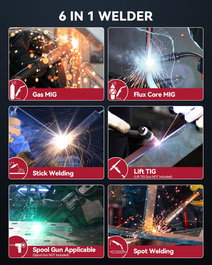 ARCCAPTAIN MIG Welder, 200Amp 6 in 1 Gas MIG/Gasless Flux Core MIG/Stick/Lift TIG/Spot welding/Spool Gun 110V/220V Aluminum Multi Process Welding Machine with LED Digital Display, Burn Back Adjustment