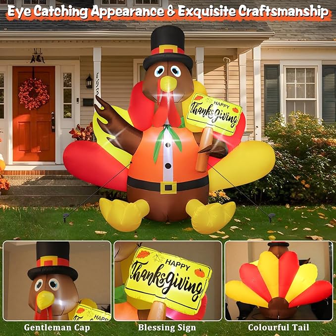 FunFanso 6 FT Thanksgiving Inflatable Turkey Outdoor Decoration, Blow Up Turkey with Pilgrim Hat and Colorful Tail, Holding Happy Thanksgiving Sign, Built-in LED Light for Autumn Holiday Harvest Party