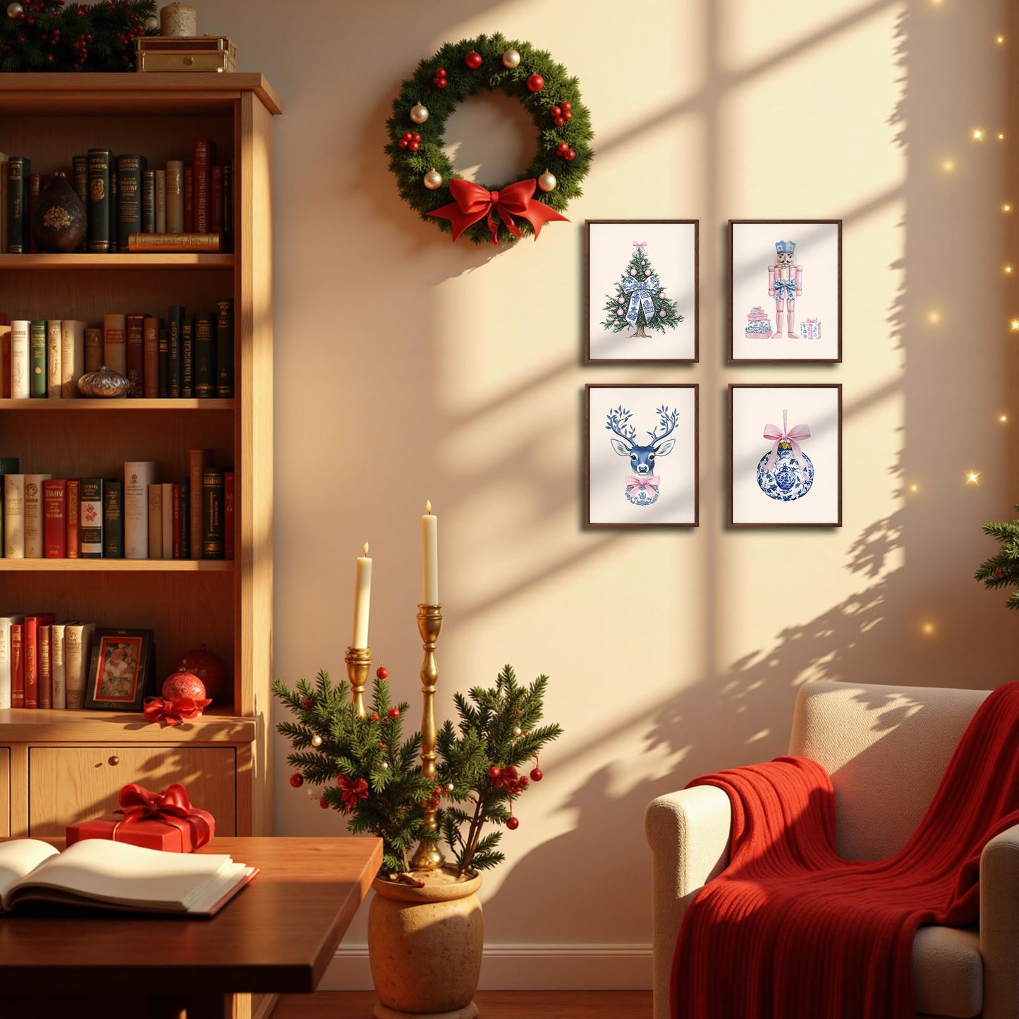 DOFQZ Pink Chinoiserie Christmas Wall Art Prints Set of 4, Grandmillenial Christmas Decor, Preppy Bauble Xmas Tree Nutcracker Reindeer Holiday Posters for Girls Dorm Apartment Decor, 8x10 Unframed