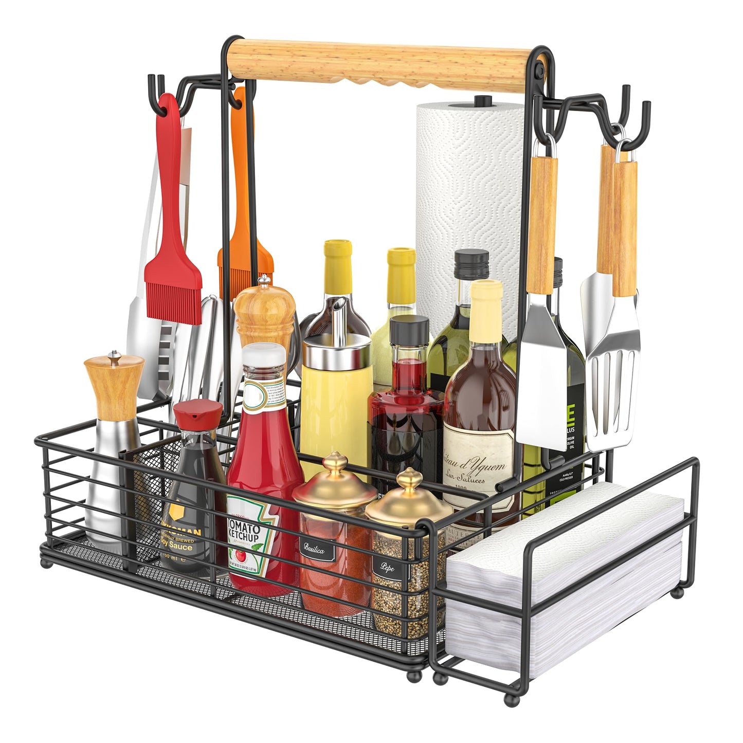 Toncoke Large Grill Caddy with Paper Towel Holder & Side Hooks, All-in-One BBQ Tool Organizer with Adjustable Dividers, Rustproof for Outdoor Kitchen, Camping, RV - Black