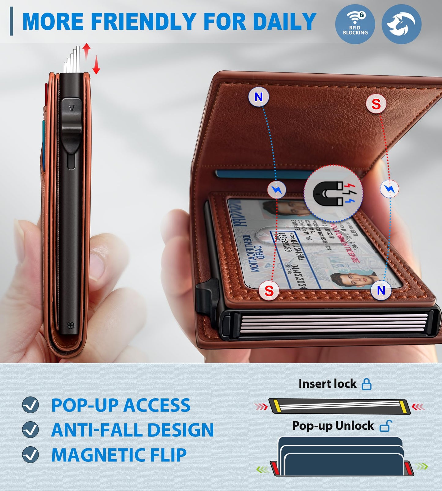 Housmai Wallet for Men, Slim Pop Up Card Holder with RFID Blocking, Minimalist Bifold Wallet with 9 Card Slots, ID Window and Cash Pocket, Metal Flip Case with Magnetic Closure, Gift Box