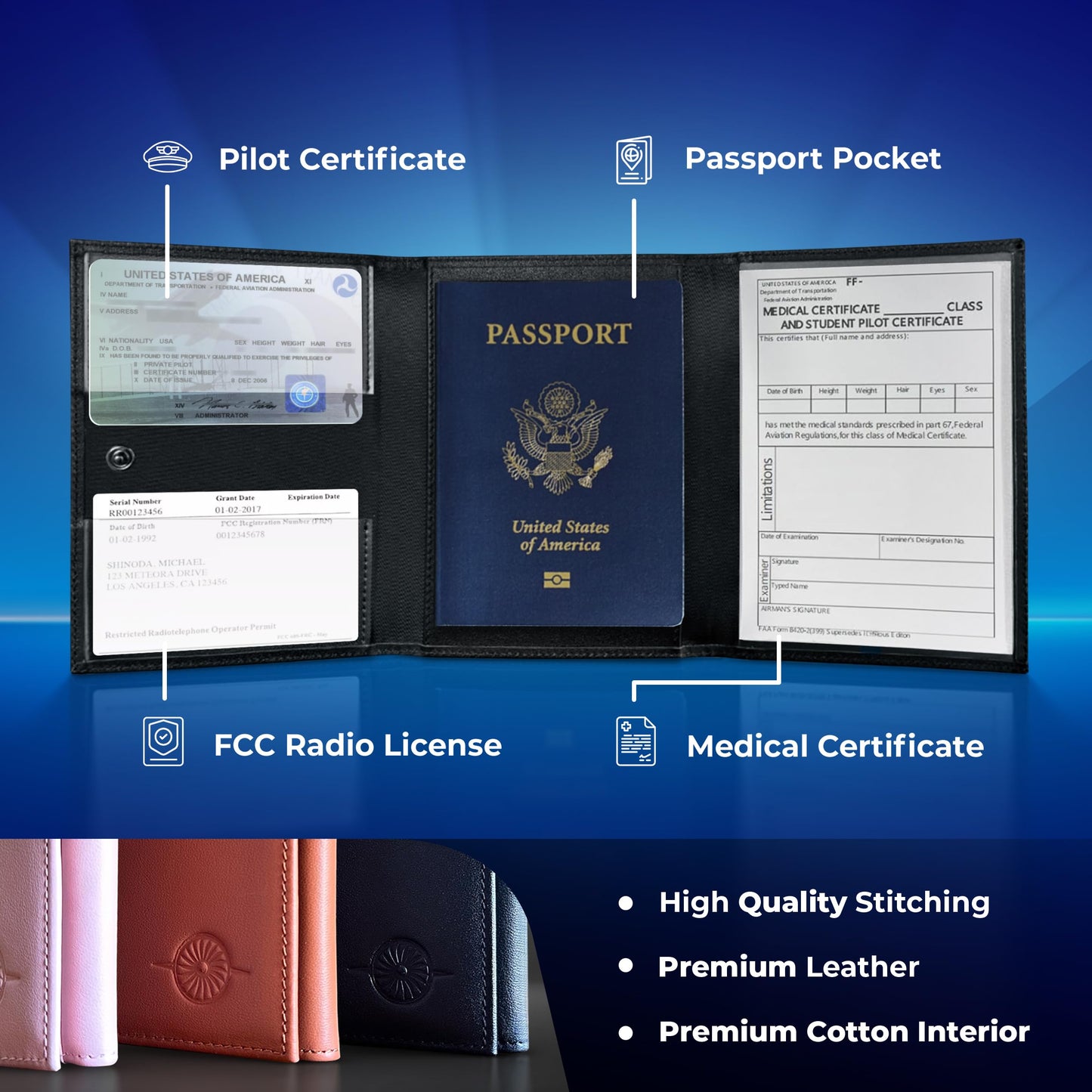 MAVRIK Pilot Document Holder – Genuine Leather Passport Wallet for Pilots – Aviation Gift, Travel Organizer, Pilot License Holder, FAA Medical Holder, Flight Bag Essential