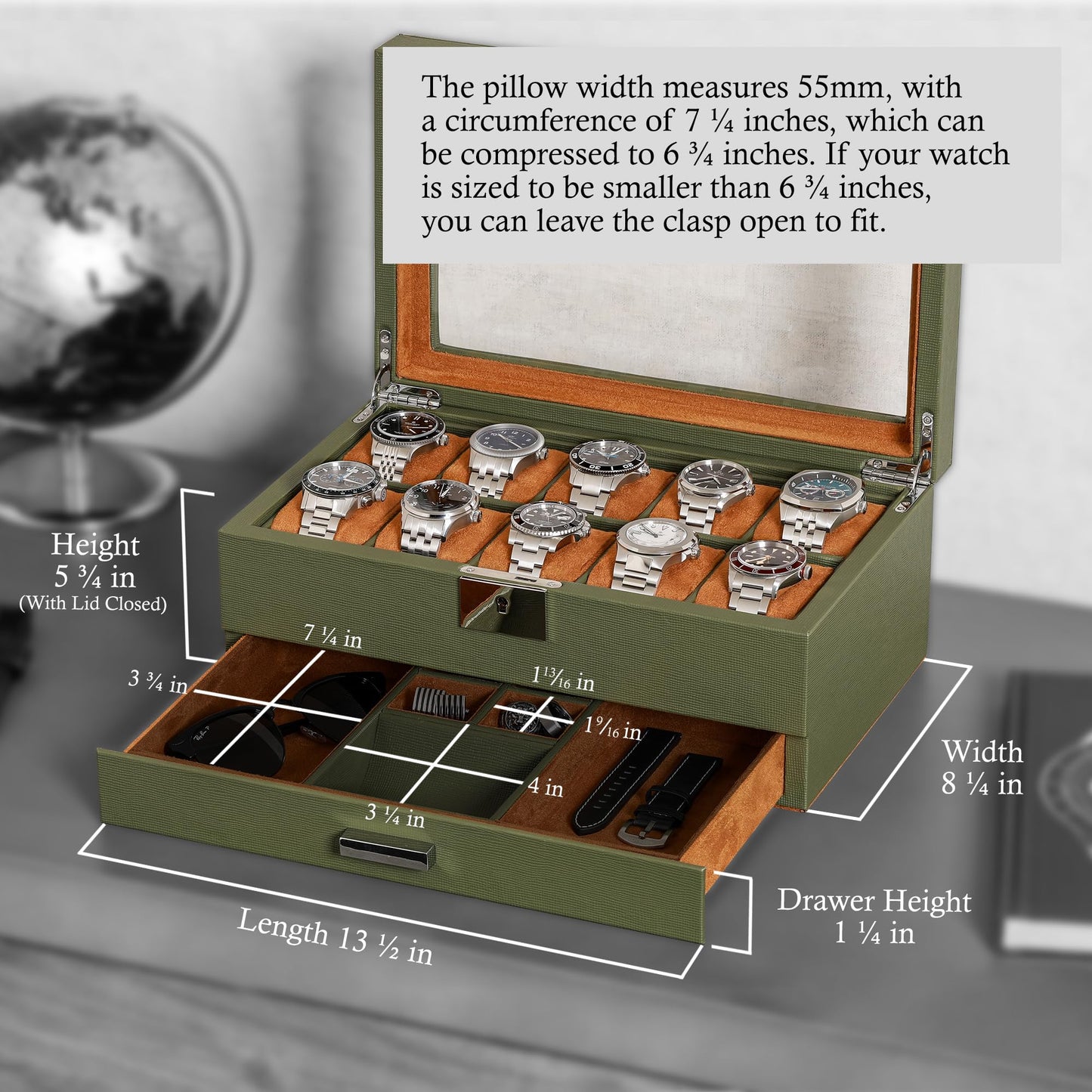 ROTHWELL 10-Slot Watch Box in Leather with Valet Drawer, Luxury Watch Case Display Organizer with Ultra Soft Microsuede Liner, Jewelry and Sunglass Holder With Large Glass top (Green/Tan)
