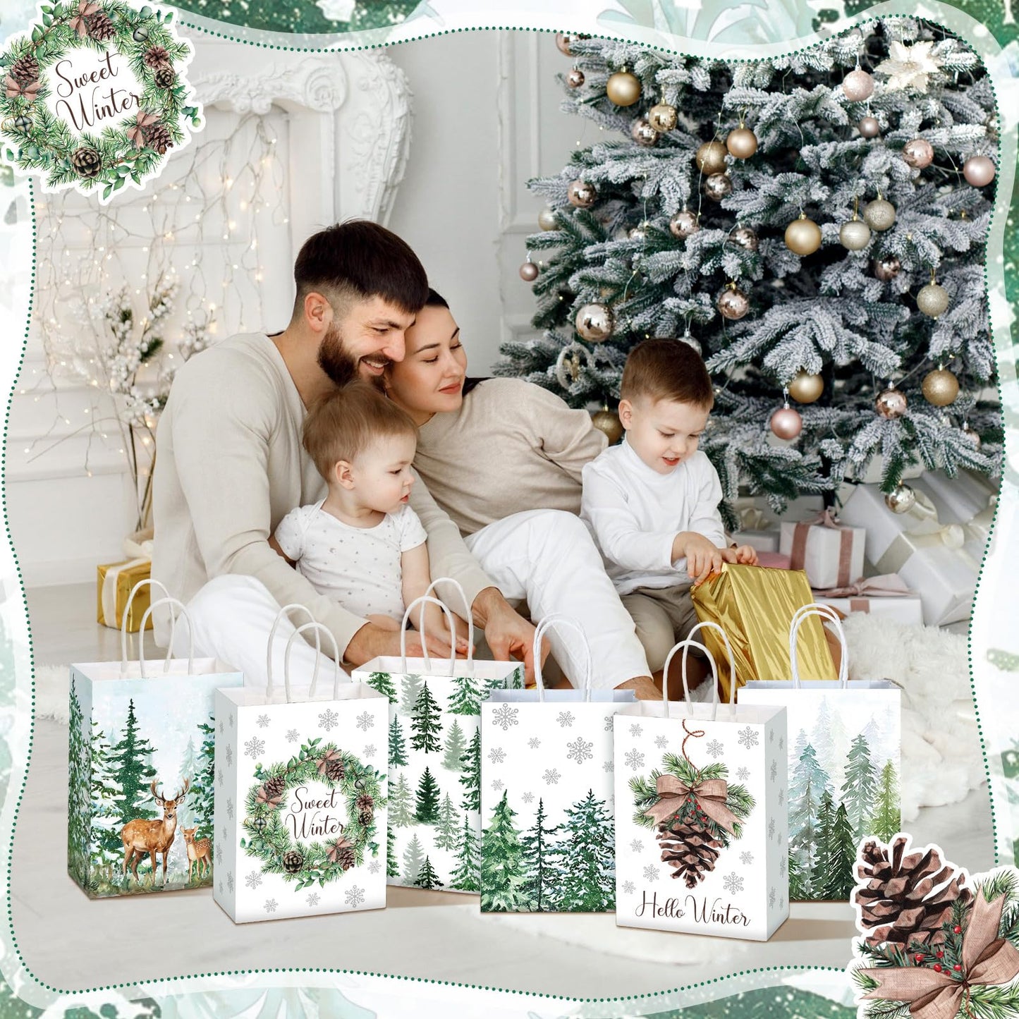 Kolldenn 24 Pcs Christmas Party Favors Bags Christmas Gift Goodie Paper Bags with Handles Reindeer Green Xmas Tree Pine Cones Candy Treat Pouch for Xmas Party Decorations Supplies