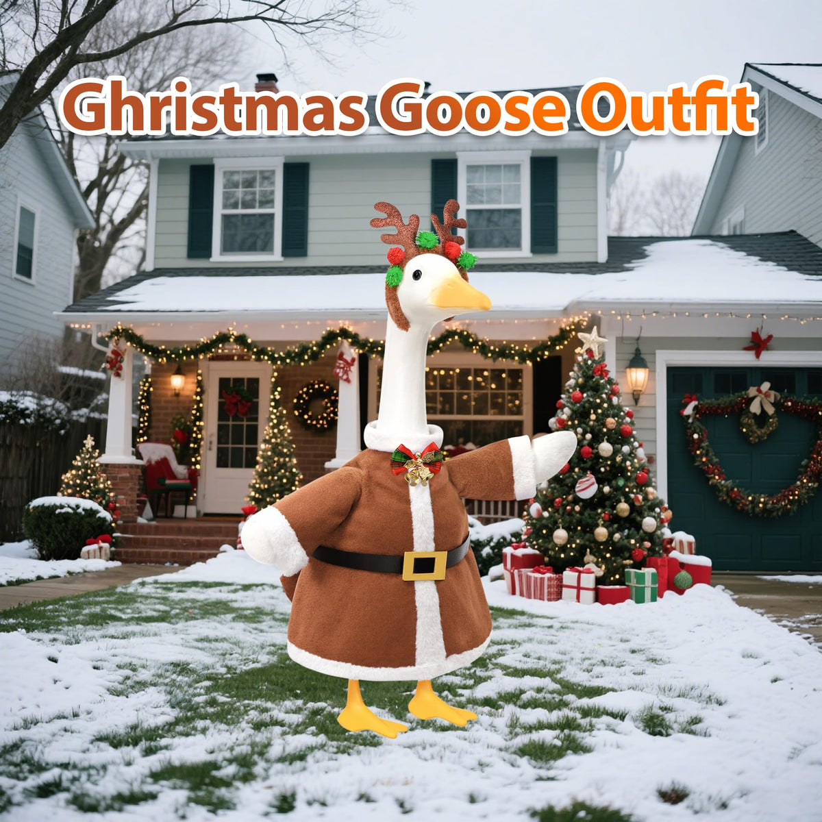 Lodaxu Christmas Porch Goose Outfit for Large 23" High Cement or Plastic Goose Statue, Yard Goose Cloths with Deer Antler Headband, Bell Bow Tie Decor for Outdoor Lawn Gaden Patio