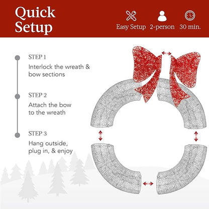 Best Choice Products 48in Pre-Lit Outdoor Christmas Wreath Decoration, LED Metal Holiday Decor for Home w/ 140 Lights, Bow - Silver/Red