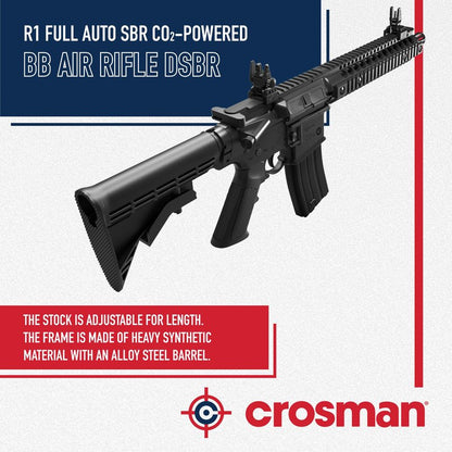 Crosman Full Auto R1 CO2 BB Air Rifle with 25-Round Magazine - Full and Semi-Auto Action, 1400 round per minute rate, Adjustable Stock, Quad Rail - Black