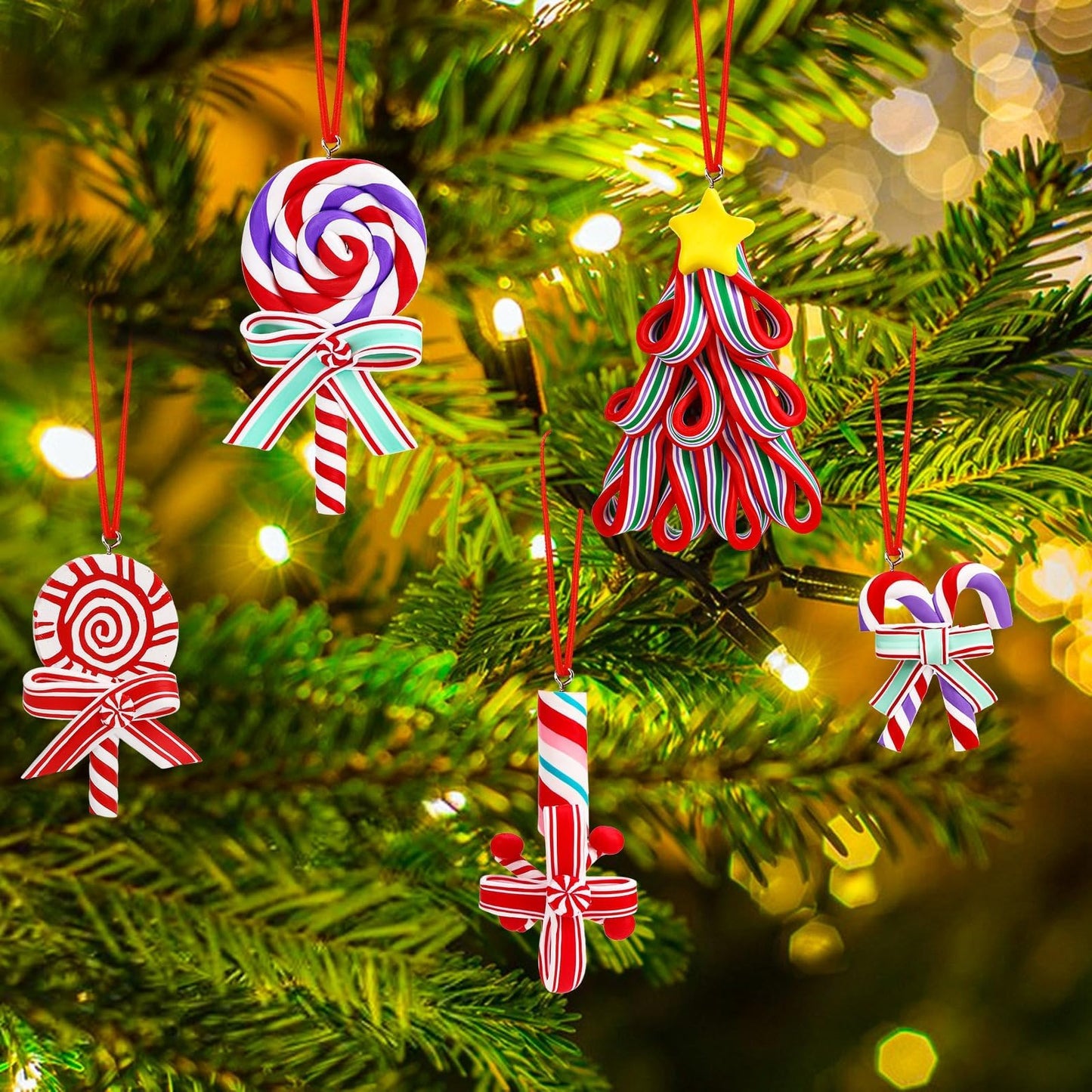 AUGSUN 16Pcs Christmas Lollipop Ornaments, Christmas Mini Candy Cane Hanging Ornaments Polymer Clay Peppermint Pendants for Xmas Tree Party Home Decorations(Red and Blue)