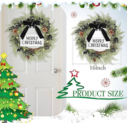 Lighted Christmas Wreath for Front Door with Metal Hanger 16'' Artificial Norfolk Wreath with Velvet Bow LED Lights Jingle Bells Pinecone Berries Christmas Holiday Winter Decor(Black)