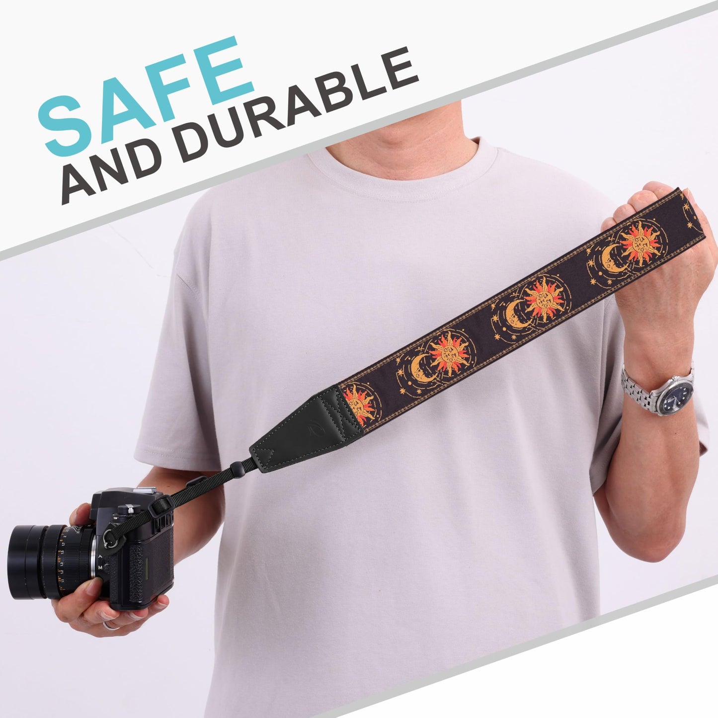 Padwa Lifestyle Helios Moon God Camera Strap -2" Full Grain Leather Ends Camera Straps for Photographers, Vintage Embroidered Cotton Weave Soft Suede Fabric Padded Strap Quick Release fits All Cameras