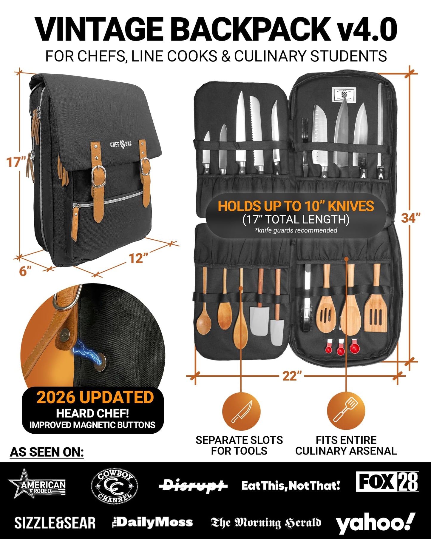 Chef Knife Bag Vintage Backpack VINTAGE, Professional Knife Carrying Case for Chefs & Culinary Students, 30+ Pockets, Holds 10" Knives, Water-Resistant 600D Material (Black)