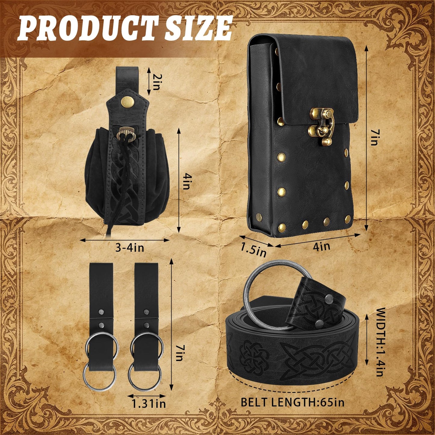 Renaissance Medieval Belt Pouch Set - Medieval Accessories with Pirate Belt Waist Bag Purse for Halloween & Cosplay (Black-A)