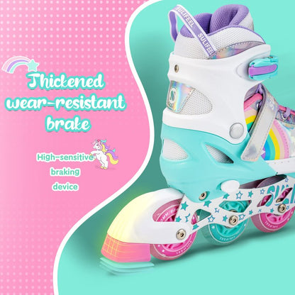 SULIFEEL Rainbow Unicorn Inline Skates for Girls Boys 4 Size Adjustable Light up Wheels Skates for Kids Beginner Small