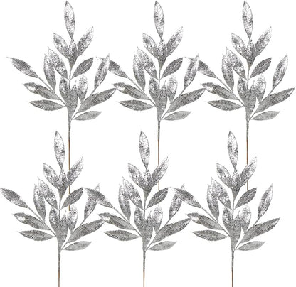 DILATATA 6Pcs Christmas Glitter Leaves Bay Leaves Spray 24" Artificial Silver Bay Leaf Picks Sprays Giltter Stems for Christmas Tree DIY Xmas Wreath Garland Home Decor - Silver