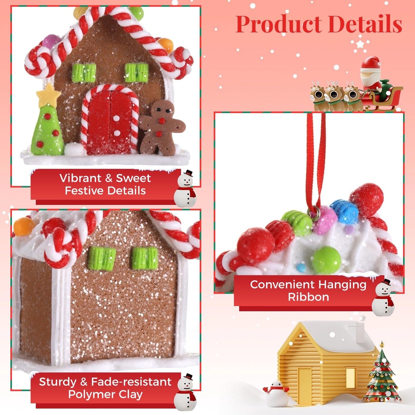 3 Pcs Gingerbread House Ornaments,Christmas Tree Decorations,Cute Polymer Clay Candy House Decorations with Rope,Fairy Tale Tree Hanging Ornaments for Holiday Decor