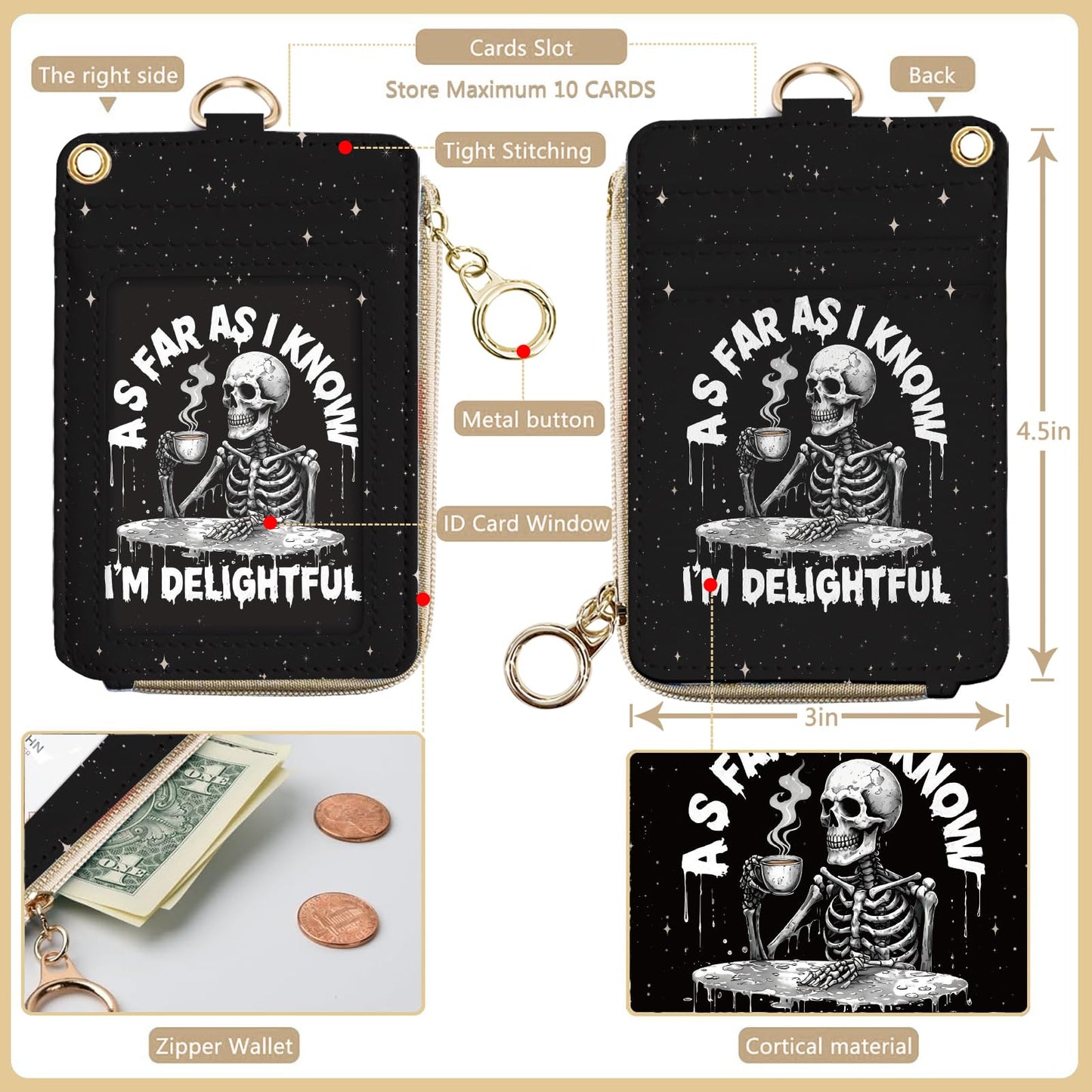 bolimoss Skeleton Lanyard Wallet with Id Badge Holder, RFID Leather Small Credit Card Holder with Keyring,Small Keychain Wallet with Breakaway Wrist Neck Strap