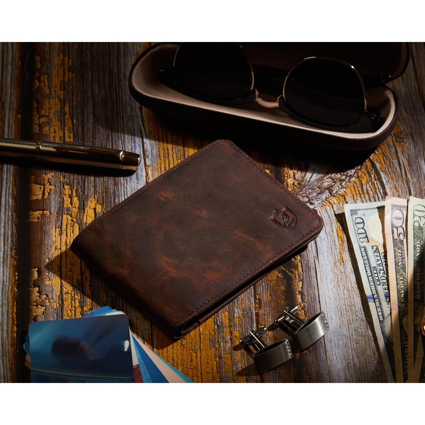 Cochoa Wallet for Men Bifold Leather RFID Blocking High Capacity Slim Card Case with 2 ID Window for Gift (Crazy Horse, Cognac)