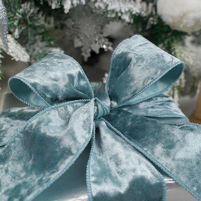 MEEDEE Dusty Blue Velvet Ribbon 2.5 inch Crushed Velvet Christmas Ribbon 10 Yards for Christmas Tree Decoration, Baskets, Wreaths, Holiday Projects, Wedding Decor and Accents