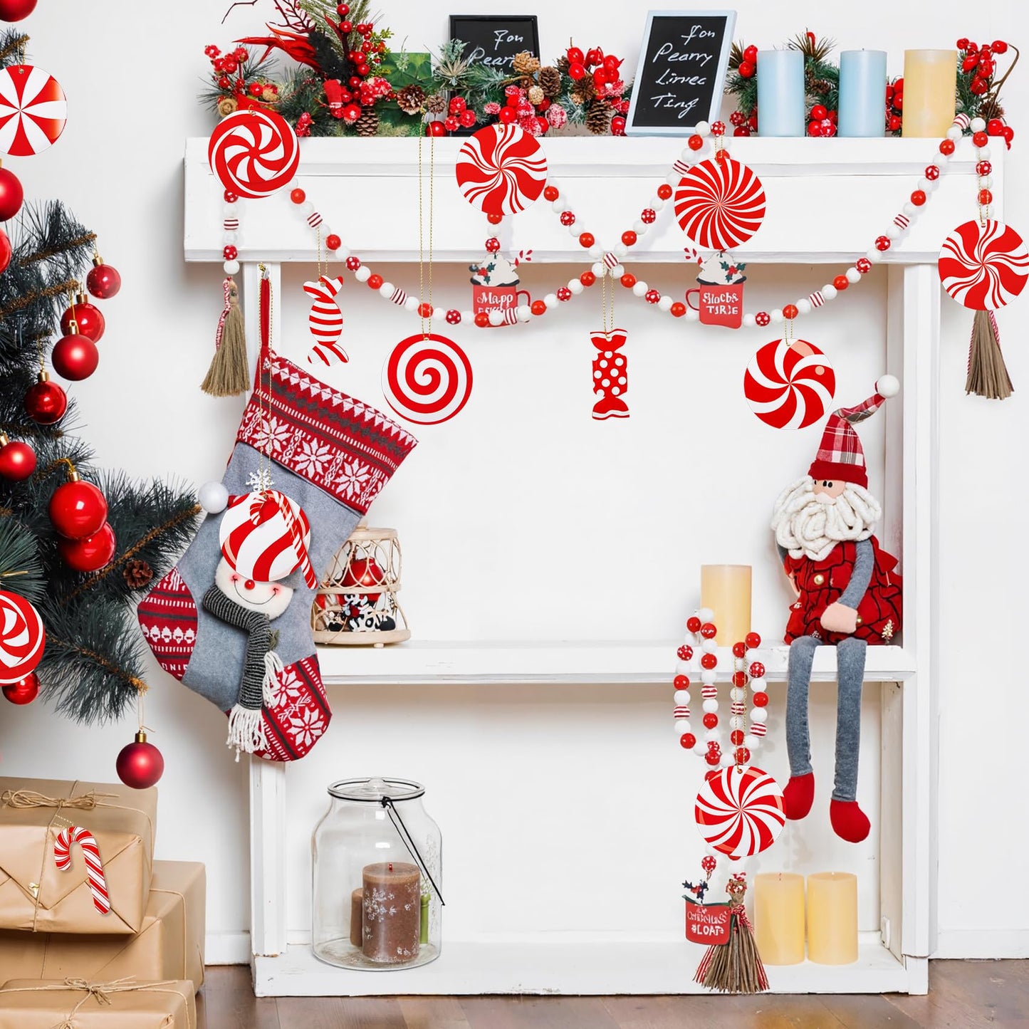 Ouddy Decor 60 Pcs Candy Cane Christmas Tree Ornaments, Red and White Peppermint Lollipop Christmas Decorations Candy Cane Hanging Ornaments for Xmas Tree New Year Party Supplies Holiday Home Decor
