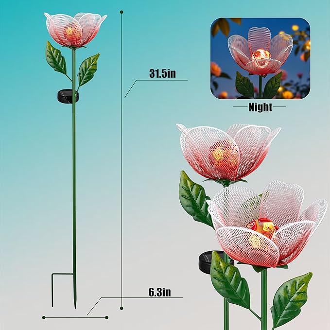 Flower Solar Lights for Outside,2 Pack Metal Flower Solar Lights for Outside,Tulip Solar Powered Garden Light Outdoor Decor,Housewarming Ornament for Patio, Lawn, Yard, Pathway (Breathing Light)