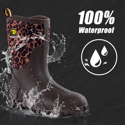 Trudave Rubber Boots for Women with Steel Shank, 6mm Neoprene Mid Calf Rain Boots, Waterproof Insulated Mud Work Boots All Season, Leopard, Size 11