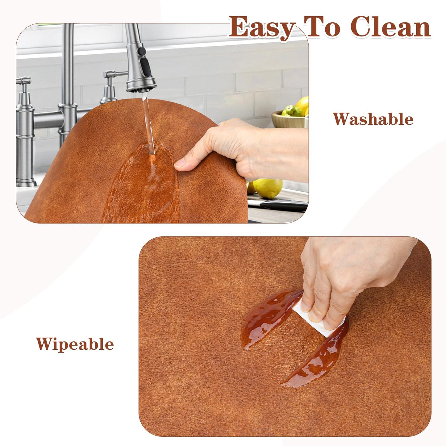 Pixieora Oval Placemats and Coasters Set of 6, Washable Reversible Faux Leather Placemats Cowhide Pattern Place Mats Wipeable Non-Slip 12 x 17 inch Kitchen Dining Table Mats (Gray Brown, 6)