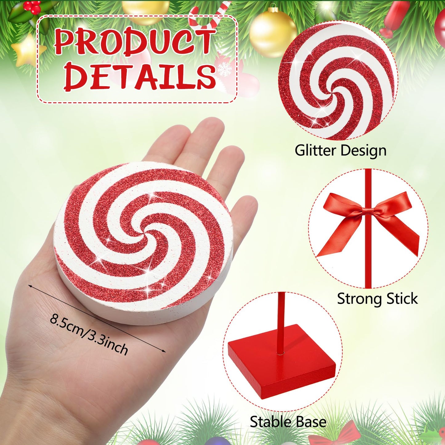 Chunful 10 Pcs Red Christmas Candy Wooden Tabletop Decor Candy Cane Christmas Decorations Table Centerpiece Sign for Xmas Tiered Tray Home Desk Office Party Decoration