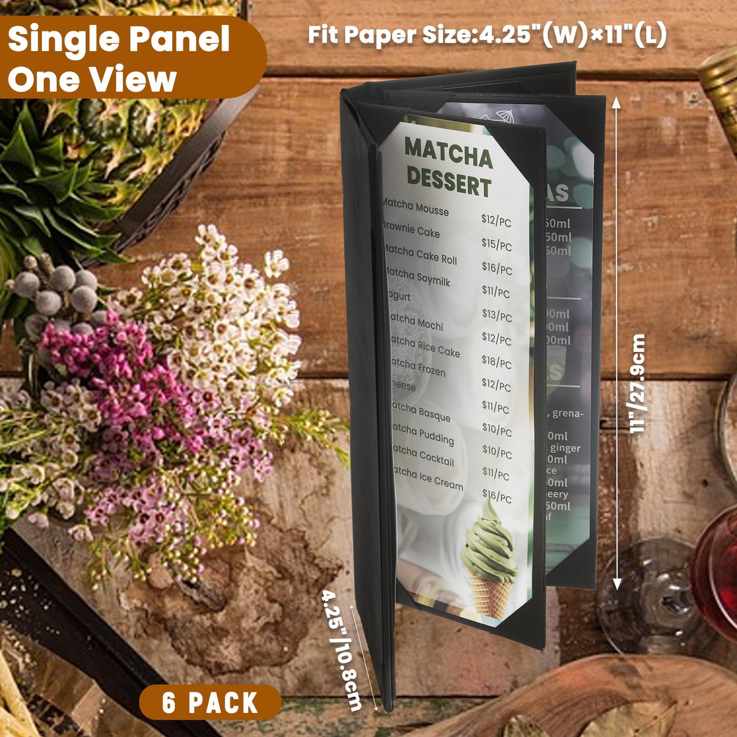 DUPDMKIN 6 Pack Menu Covers 4.25" x 11", 6 View PU Leather Menu Holders for Restaurant, Bar, Coffee Shops, Wine Lists & Drink Specials
