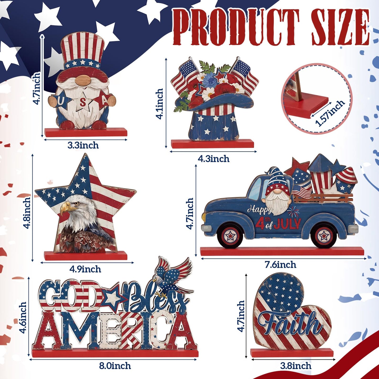 Qunclay 6 Pcs Patriotic Table Decor - Wooden Gnome Freedom Truck Star 4th of July Table Signs for Veterans Independence Day Topper Decor Memorial Day Decorations Supplies