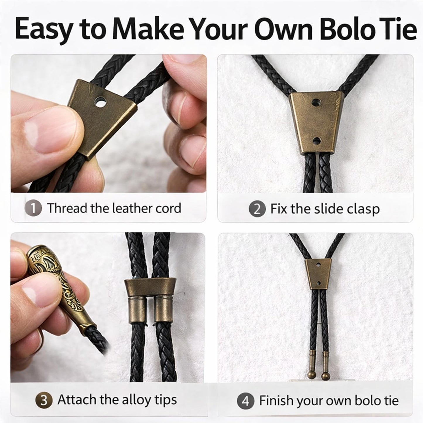 VTOS 3 Sets Bolo Tie Findings Kits with Iron Slide Clasp Buckle, Alloy Replacement End Tips, and Braided Necktie Leather Cord for Men Women