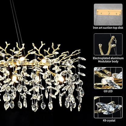 Gold Crystal Chandelier Modern High Ceiling Tree Branch Chandeliers Lighting Luxury Foyer Entryway Staircase Living Room Large Raindrop Large Hanging Pendant Light Fixture