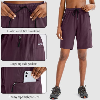 SANTINY Women's 5''/ 7''/9'' Hiking Cargo Shorts Quick Dry Lightweight Summer Shorts for Women Athletic Golf Zipper Pockets(Wine_L)