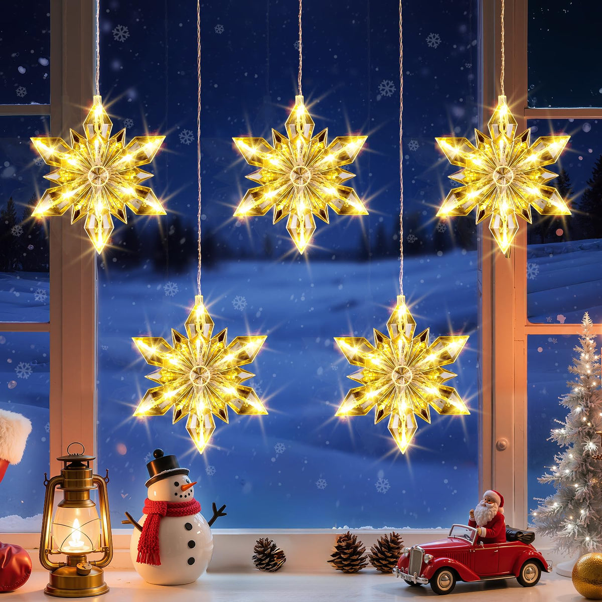 Christmas Snowflakes Window Lights, 5 Pack 60 LEDs Waterproof Hanging Battery Operated Christmas Decoration with Timer for Indoor Outdoor Xmas Home Winter Party Patio Bedroom Decor, Warm White