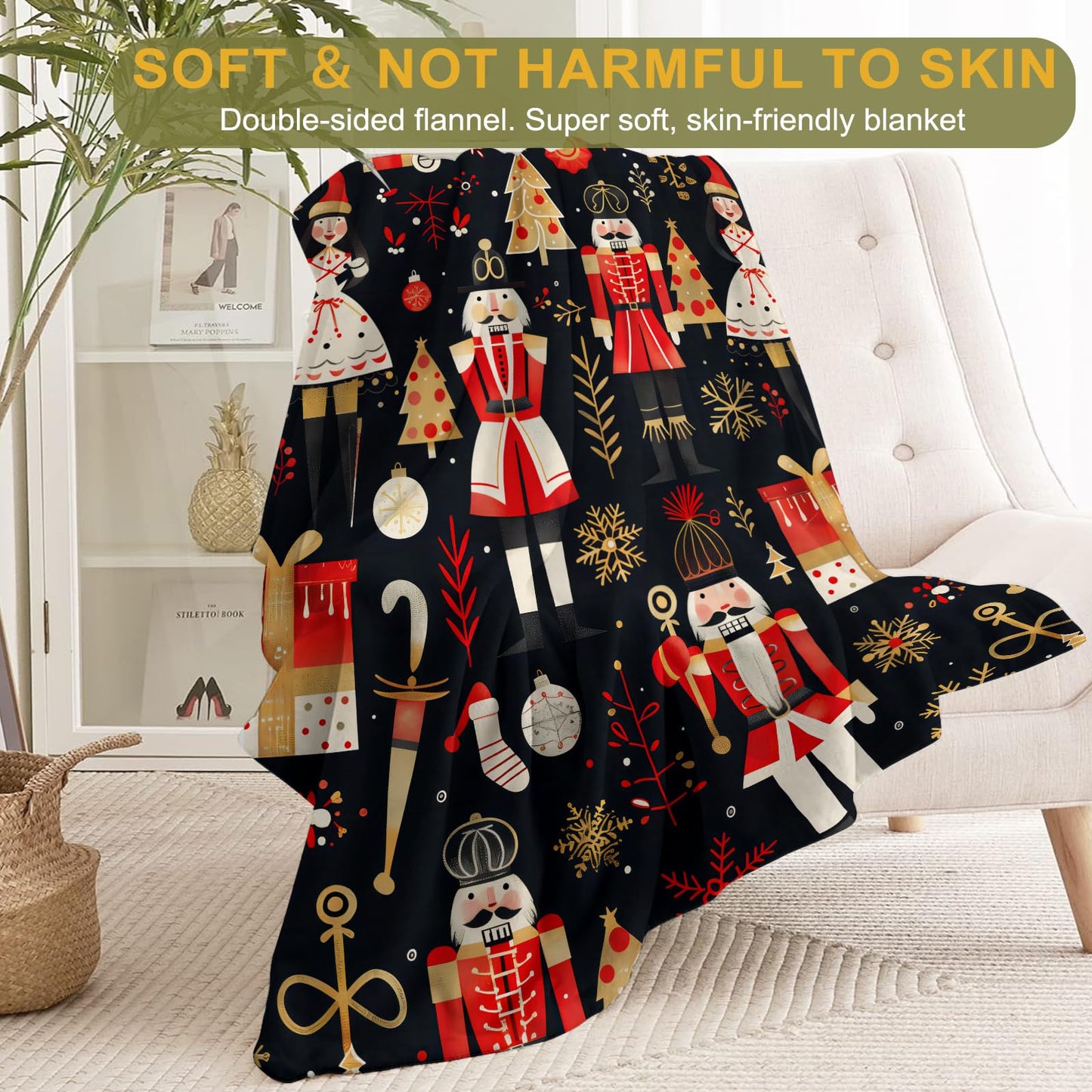 ainori Festive Nutcracker Throw Blanket- Ultra Soft, Fleece, Lightweight,Ballerinas, Christmas Trees Blankets, for Couch Room Bedroom, Modern Holiday Decor, Gifts for Kids Girls 50x60in