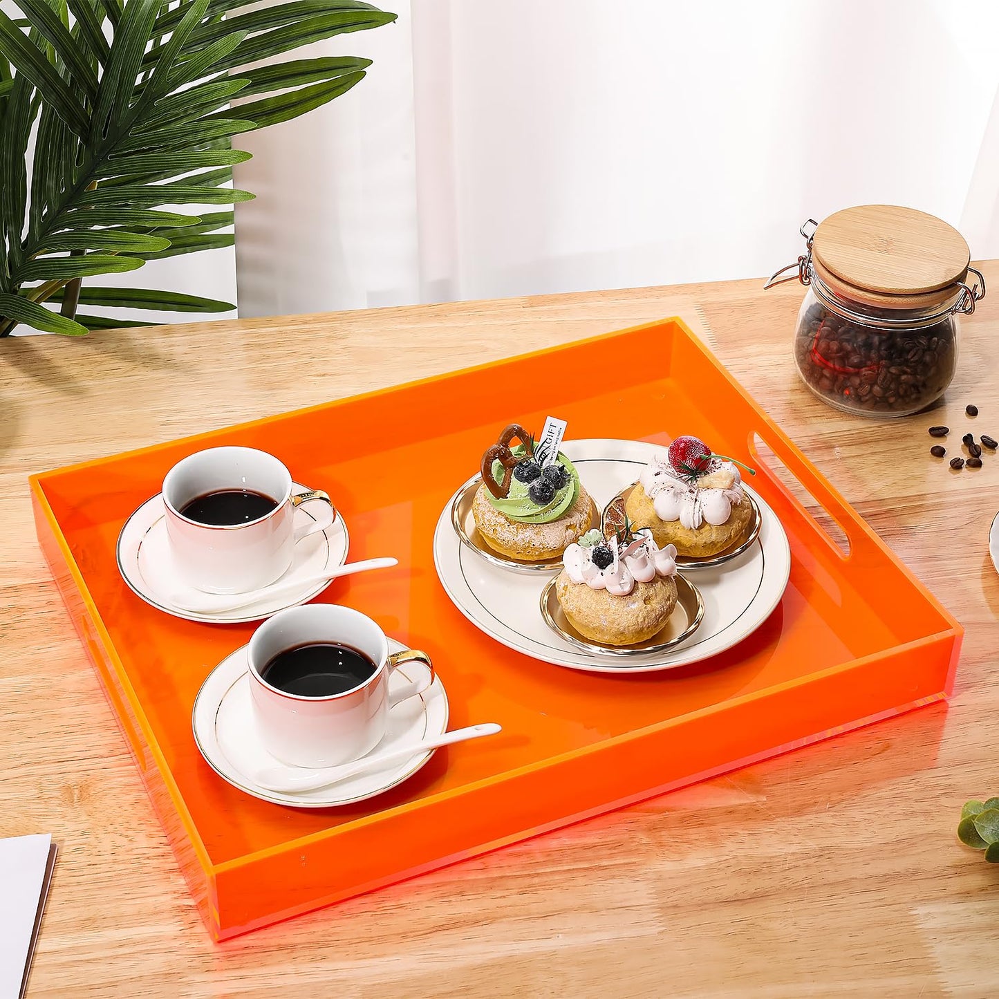 Large Acrylic Tray Ottoman Coffee Table Tray with Handles 17x13'' Decorative Serving Platter for Food Tea Dinner Snack Eating Bar Party, Neon Orange
