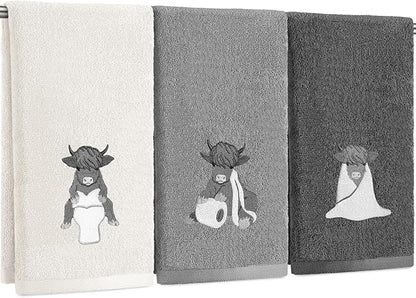 3 Pcs Highland Cow Hand Towels Bathroom Decor Highland Cow White and Gray