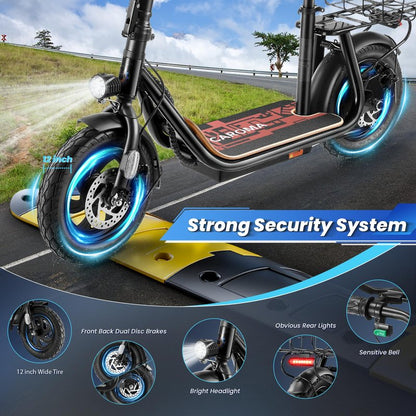 Caroma Peak 1200W Electric Scooter with Seat, 30 Miles Max Range, Electric Scooter Adults, Up to 20MPH Foldable Escooter with Basket,Key Start Adjustable E-Scooter,Classic White
