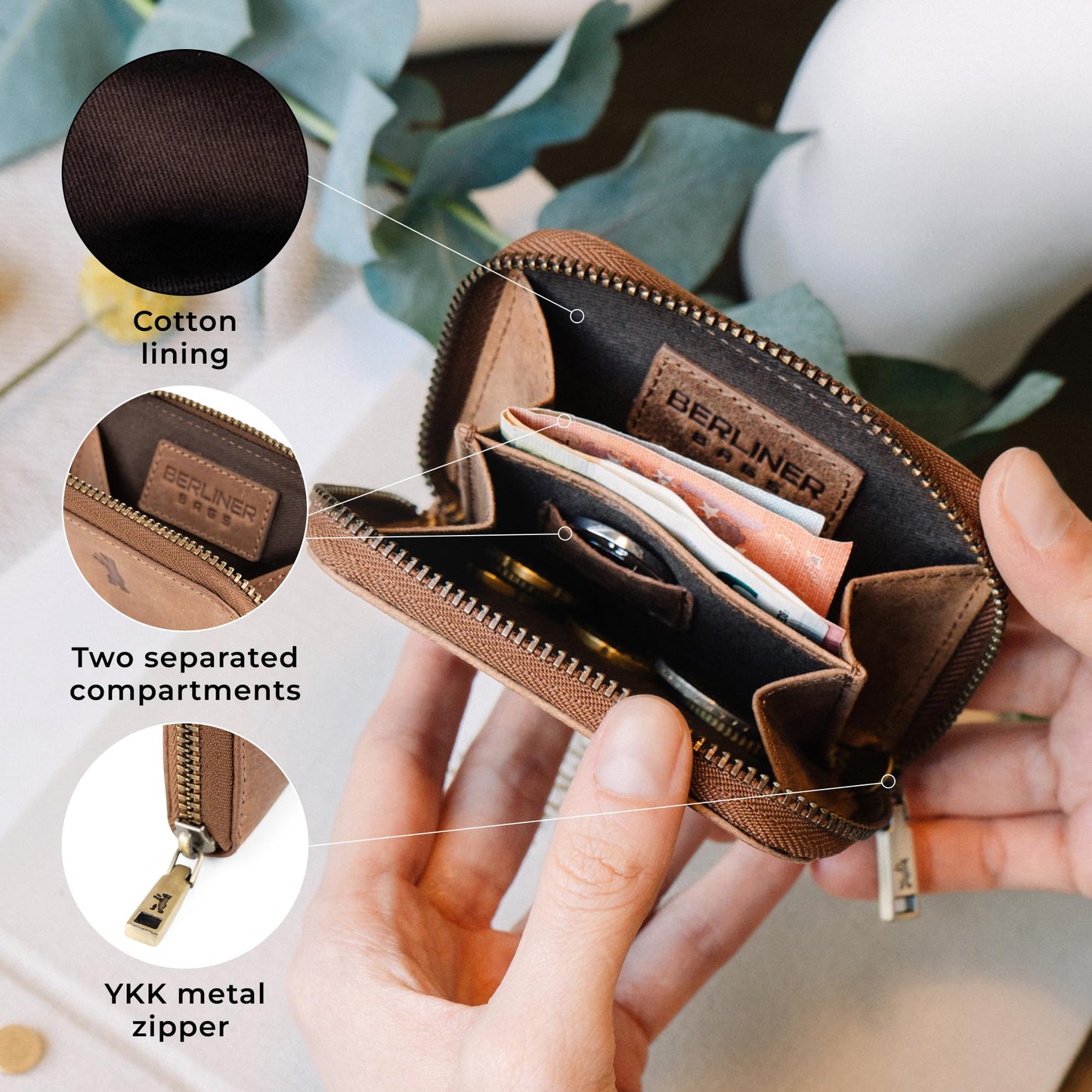 Berliner Bags Vintage Genuine Leather Small Wallet for Women and Men Braga, Change Purse, Mini Bifold Wallet for Cash and coins, RFID Blocking, Gift Box - Brown