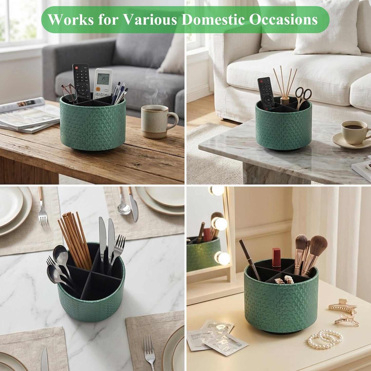 QIELIZI Round Leather Art Supply Organizer,Remote Control Holder,360 Degree Rotating,Multi-Functional Pencil Holder,4 Compartments Desktop Stationary Organizer(1-Triangle Green)